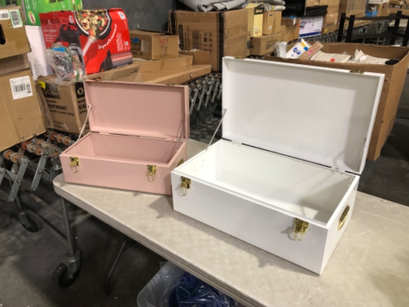 Photo 4 of ***USED - DENTED - NO PACKAGING***
Vixdonos Metal Trunks College Dorm Steel Chests Decorative Storage Box Set of 2 Toy Organizer, 23.7X14.2X9.5 Inches(Pink and White)