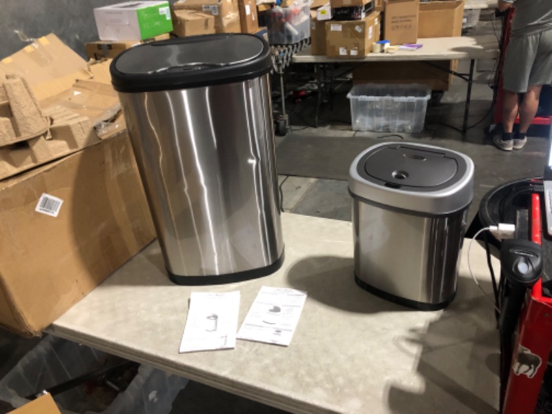 Photo 5 of ***DAMAGED - DENTED - SEE PICTURES - UNABLE TO TEST MOTION SENSING FUNCTION***
NINESTARS CB-DZT-50-13/12-9 Automatic Touchless Infrared Motion Sensor Trash Can Combo Set, 13 Gal & 3 Gal Combo Trash Can