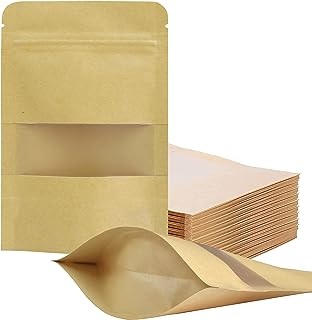 Photo 1 of 100 Pcs Resealable bags,3.9" x 5.9" Stand Up Kraft Paper Bags with Matte Window, Zip Lock Food Storage Bags for Packaging Products, Reusable, Sealable Brown 3.9"x 5.9"