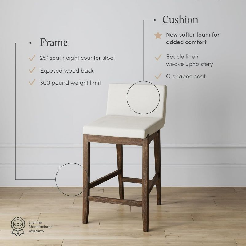 Photo 5 of (READ FULL POST) Gracie Modern Counter Height Bar Stool with Back Counter Stool Upholstered Chair with Natural Textured Boucle Linen and Brushed Wooden Legs White/Da
