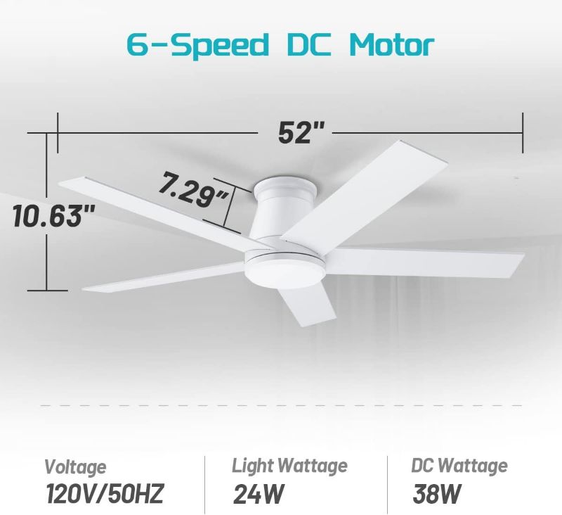 Photo 4 of (READ FULL POST) 52'' Ceiling Fan with Light, White Flush Mount Ceiling Fan 6 Speeds DC Reversible Motor, Timing, Dimmable Ceiling Fan for Memory Function and Dimmable for Bedroom Kitchen Porch Patios
