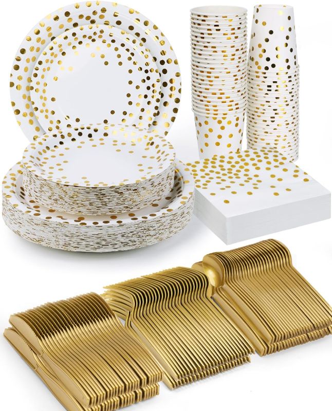 Photo 4 of 
350 Pieces Party Supplies, White and Gold Dots Party Plates Cups and Napkins Sets with Plastic Knives forks spoons, Disposable Tableware Serves 50 Sets for...