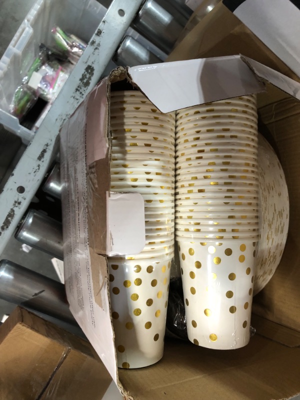 Photo 1 of 
350 Pieces Party Supplies, White and Gold Dots Party Plates Cups and Napkins Sets with Plastic Knives forks spoons, Disposable Tableware Serves 50 Sets for...