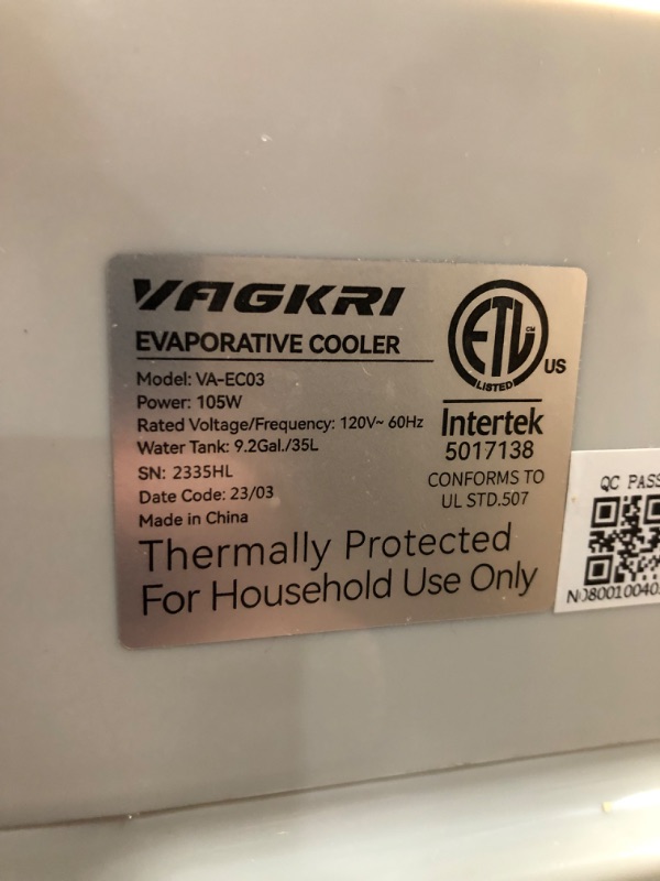 Photo 5 of **PARTS ONLY/SALE FINAL**
**NON-REFUNDABLE** // **SALE FINAL**  Evaporative Air Cooler, VAGKRI 2200CFM Swamp Cooler, 120°Oscillation Air Cooler with Remote Control, 24H Timer, 3 Modes & Wind Speeds for Outdoor Indoor Use, 9.2Gallon