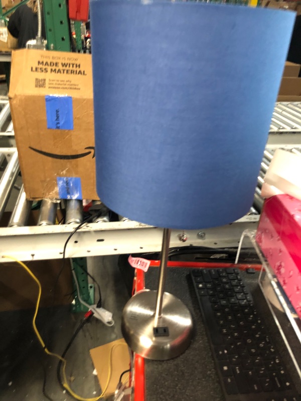 Photo 1 of **MINOR Damage**
Limelights LT2024-NAV Stick Charging Outlet Table Lamp, Brushed Steel Base/Navy Shade