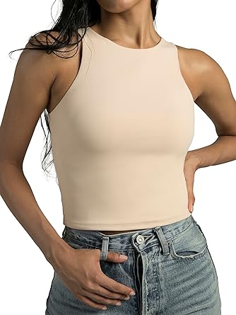 Photo 1 of Colorfulkoala Women's High Neck Tank Tops Body Contour Sleeveless Crop Double Lined Yoga Shirts