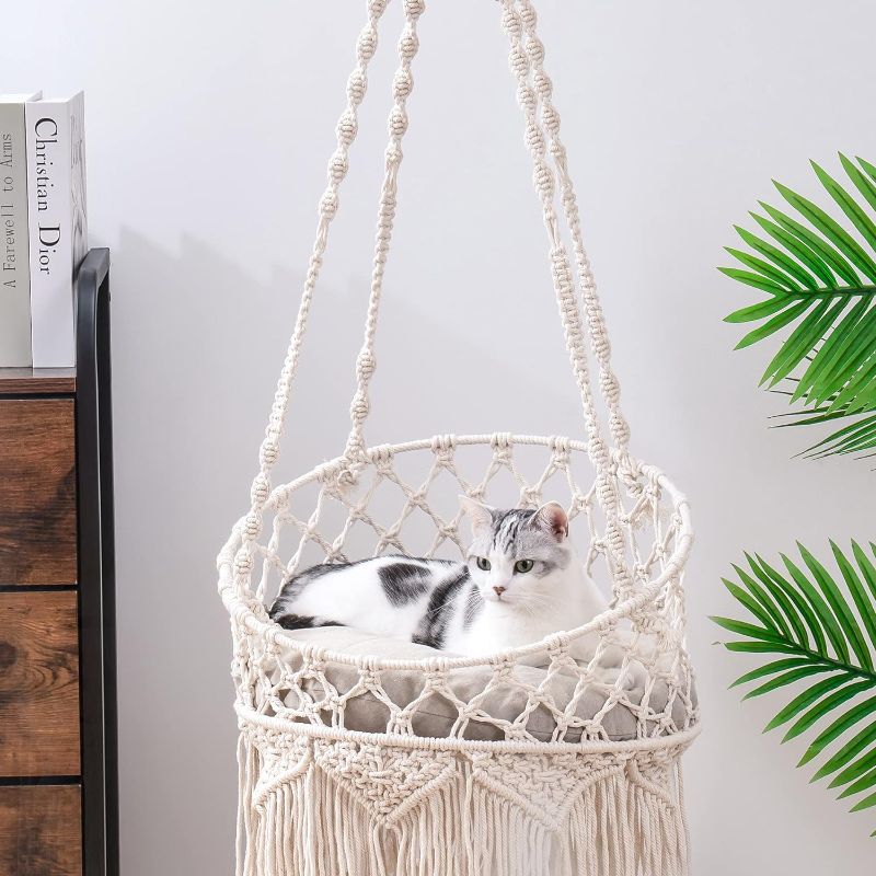 Photo 2 of ***READ CLERK NOTES***
MEWOOFUN Macrame Cat Hammock, Hanging Cat Bed Hammock Cat Swing for Indoor Cats, Boho Cat Swing Bed for Sleeping, Playing, Climbing, and Lounging (Beige)