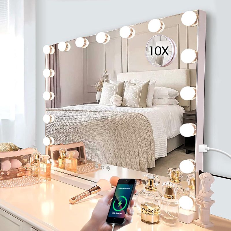 Photo 1 of (READ FULL POST) Kottova Large Vanity Mirror with 17 Dimmable LED,24.4"x 21.2" Color Lights,USB Charging Port,Detachable 10X Spot Mirror,Touch Control,White