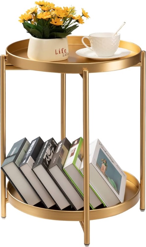 Photo 1 of TeoKJ 2 Tier Gold Side Table, Folding Round Metal End Table 