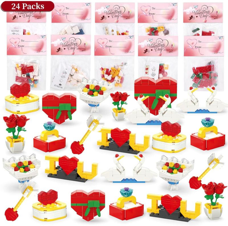 Photo 1 of 24 Pack Valentines Day Gifts for Kids Valentines Style Rose Heart Flower Building Blocks, Perfect Blocks Valentines Day Gifts 