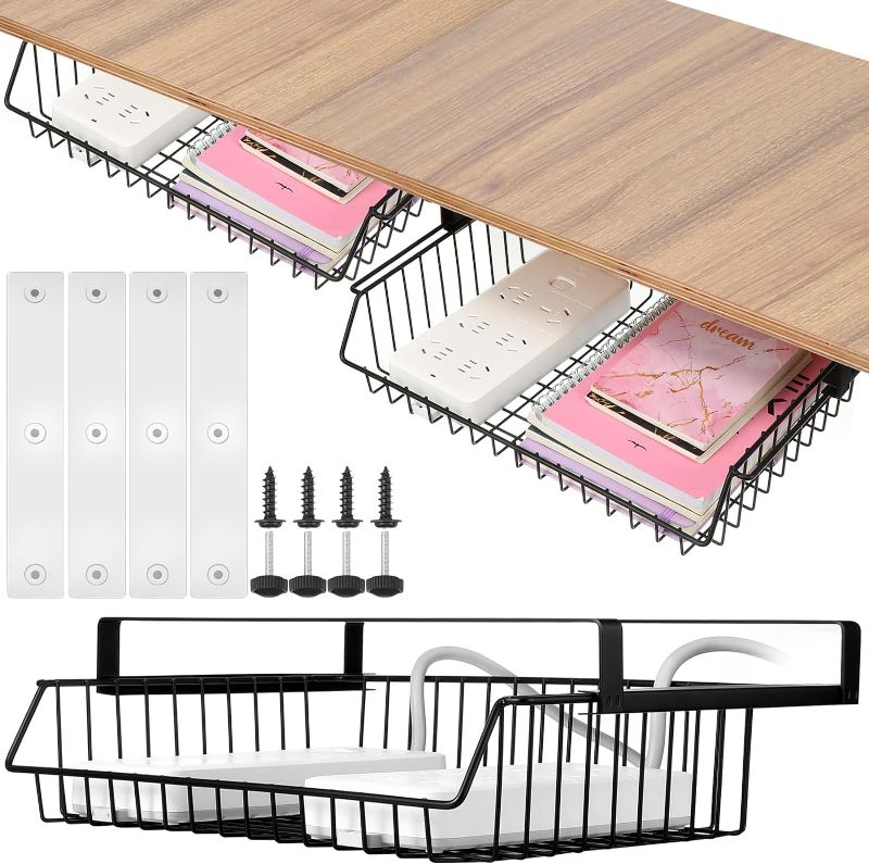 Photo 1 of 2 Pack Under Desk Drawer Organizer Slide out Hidden Shelf Metal Desk Drawer Attachment Hidden Drawer Large Storage Mounted Desktop No Drill Cable Management Tray for Home Office