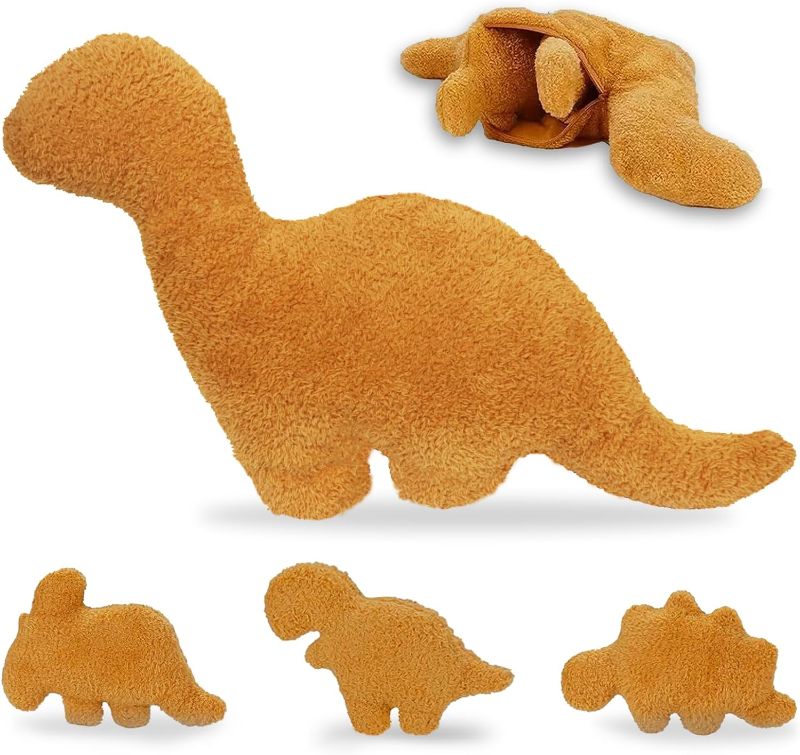 Photo 1 of 4 Pcs Dino Nugget Pillow Set for Fun Room Decor Include Large Dinosaur Stuffed Animal with Zipper and 3 Small Dino Nugget Plush for Birthday Gift Party Favors