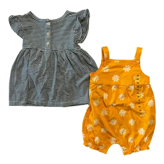 Photo 1 of ***SIZE 6M****Carter's Girls Toddler 2 Piece Cotton Bodysuit Dress Set (Blue Stripe/Gold Floral, 6M)