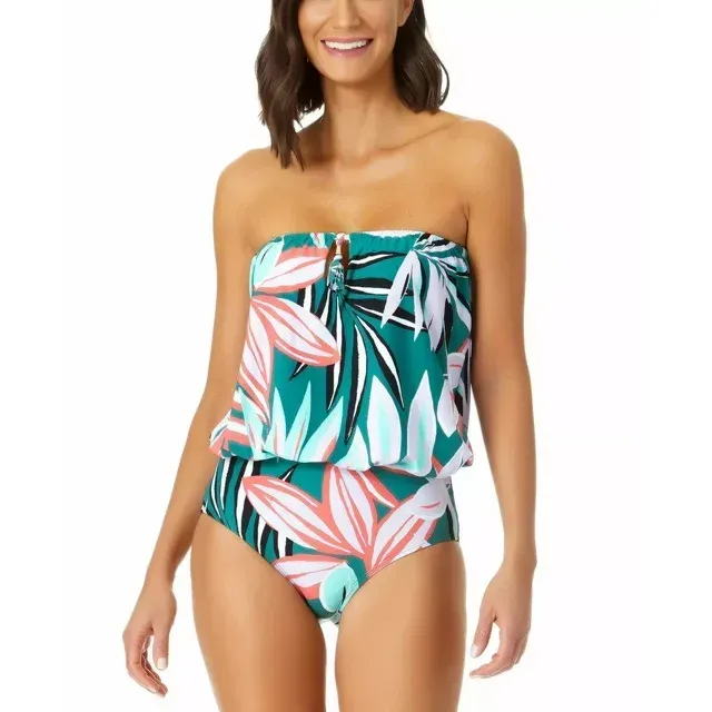 Photo 1 of ***SIZE XXL***Anne Cole Women's Zesty Tropical Blouson One Piece Keyhole Swimsuit Green