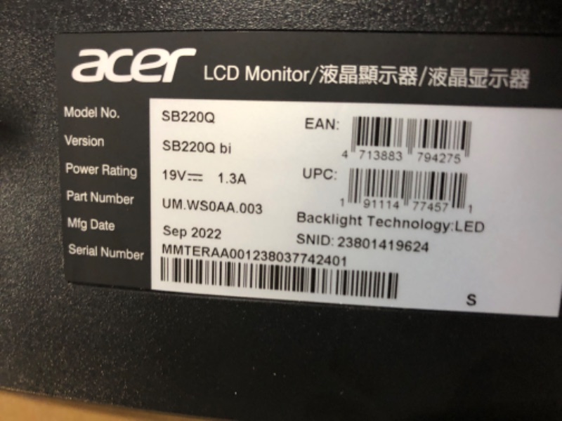 Photo 6 of Acer 21.5 Inch Full HD (1920 x 1080) IPS Ultra-Thin Zero Frame Computer Monitor (HDMI & VGA Port), SB220Q bi