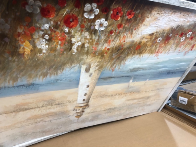 Photo 1 of Lighthouse Framed Wooden Wall Art: Abstract Ocean Artwork Seascape Painting Beach Art Prints Coastal Pictures for Living Room 40"x30" Warm Color Lighthouse 40'' x 30''