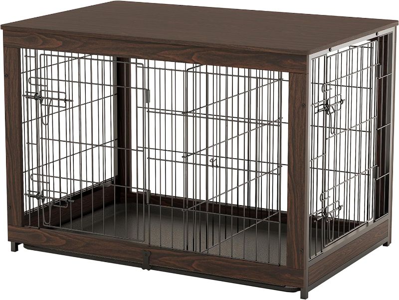 Photo 1 of (STOCK PHOTO FOR SAMPLE ONLY) - Piskyet Wooden Dog Crate Furniture with Divider Panel, Dog Crate End Table with Fixable Slide Tray, Double Doors Dog Kennel Indoor for Large Dogs(L:37.8 * 25.1 * 26.3inch,Brown Walnut)