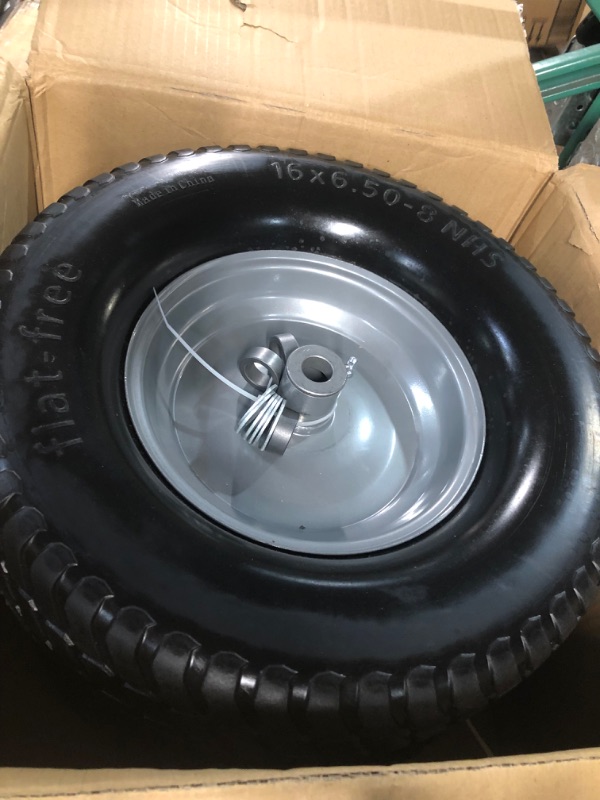 Photo 3 of (2-Pack) 16x6.50-8 Tire and Wheel Flat Free - Solid Rubber Riding Lawn Mower Tires and Wheels - With 3" Offset Hub and 3/4" Bushings - 16x6.5-8 Tractor Turf Tire Turf-Friendly 3mm Treads 16x6.50-8 Flat-Free Silver