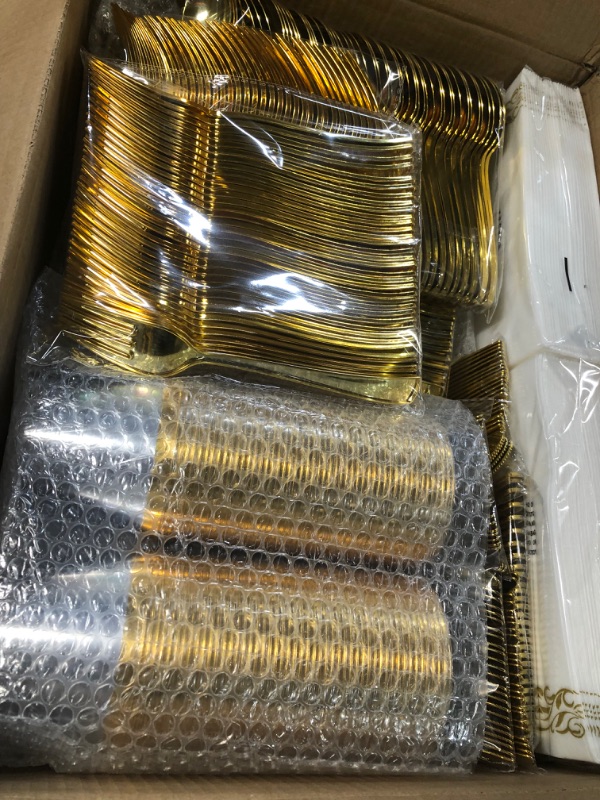Photo 3 of 700 Piece Gold Dinnerware Set for 100 Guests, Plastic Plates Disposable for Party, Include: 100 Gold Rim Dinner Plates, 100 Dessert Plates, 100 Paper Napkins, 100 Cups, 100 Gold Plastic Silverware Set
