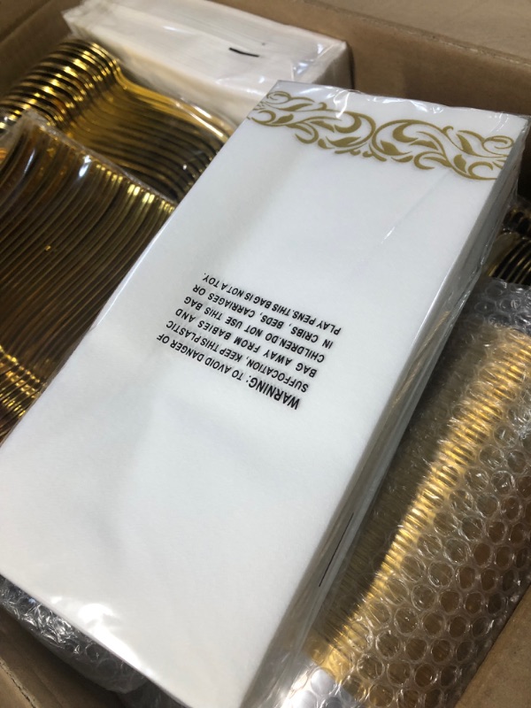 Photo 2 of 700 Piece Gold Dinnerware Set for 100 Guests, Plastic Plates Disposable for Party, Include: 100 Gold Rim Dinner Plates, 100 Dessert Plates, 100 Paper Napkins, 100 Cups, 100 Gold Plastic Silverware Set