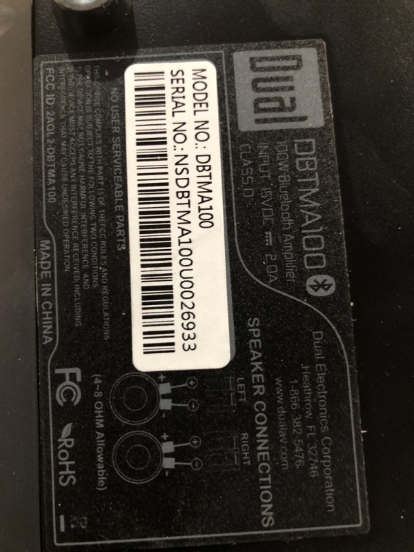 Photo 1 of Dual Electronics DBTMA100 Black Micro Wireless Bluetooth 2 Channel Stereo Class-D Amplifier | 3.5 mm AUX Input | Stereo RCA Outputs | 100 Watts Peak Power | Up to 100ft of Wireless Bluetooth Range Bluetooth Amplifier