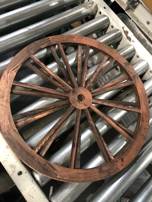 Photo 3 of (2 Pieces) 12'' Wood Decorative Wheels, Western Style Decorative Wagon Wheels for Bar, Garage, Coffee Shop, Studio, Home Garden Decor., brown