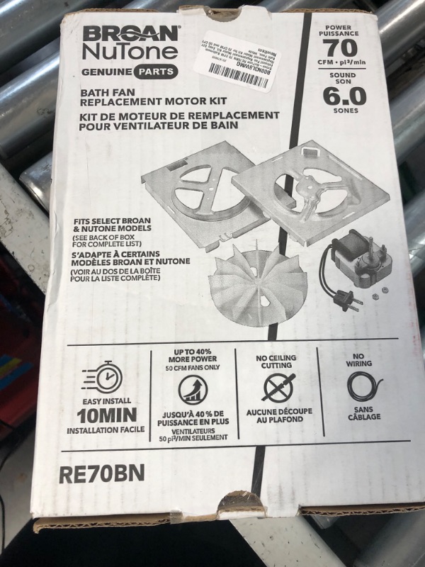 Photo 1 of Broan-NuTone RE70BN 70 CFM Bathroom Exhaust Fan Replacement Motor Kit, Easy DIY Replacement Motor Kit for 70 CFM and 50 CFM Bath Fans, White 50-70-CFM Motor Kit