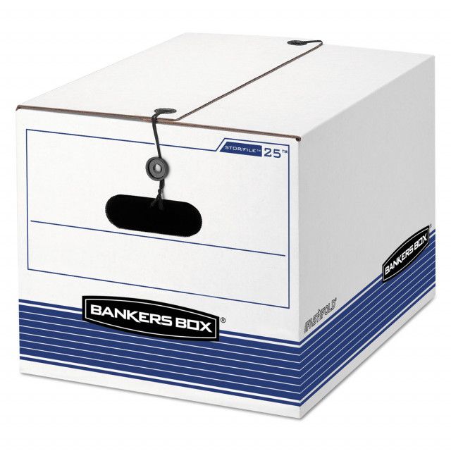 Photo 1 of Bankers Box® STOR/FILE Medium-Duty Strength Storage Boxes 12.25" x 16" x 11", White/Blue, 12/Carton
