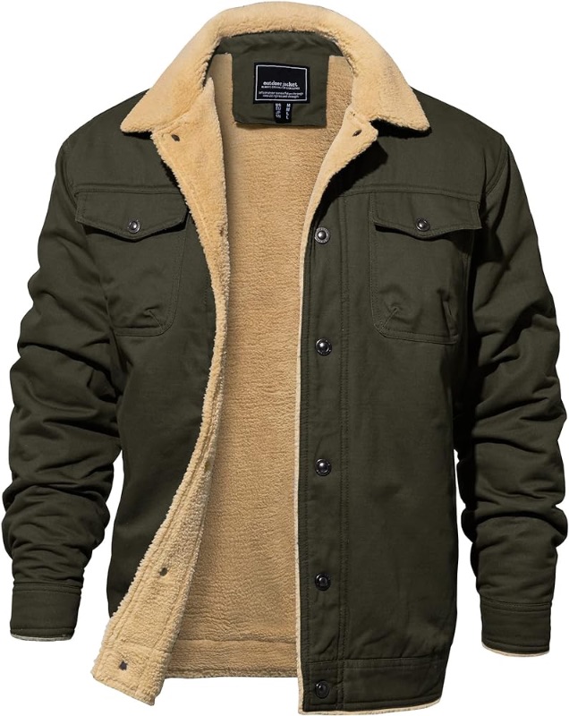 Photo 1 of Men's Winter Jacket Thick Thermal Cotton Warm Fleece Lined Coat Trucker Lapel Work Cargo Jackets for Men