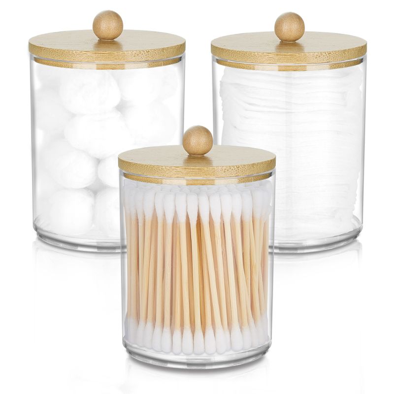 Photo 1 of  3 Pack Qtip Holder Dispenser with Bamboo Lids, 10 oz Clear Plastic Apothecary Jar