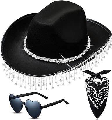 Photo 1 of Hercicy Light up Rhinestone Cowboy Hat Glitter Cowboy Hat with Glasses, Headscarves, Adhesive Rhinestone Letter Patches