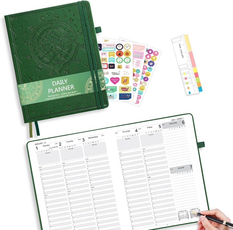 Photo 1 of Ospelelf Green Leather Hourly Planner 2024 Weekly and Monthly Planner 8.5'' x 11'', 2024 Calendars 12 Month Agenda Planner 2024 with Stickers, Back Pocket, Hardcover Daily Planner for Work
