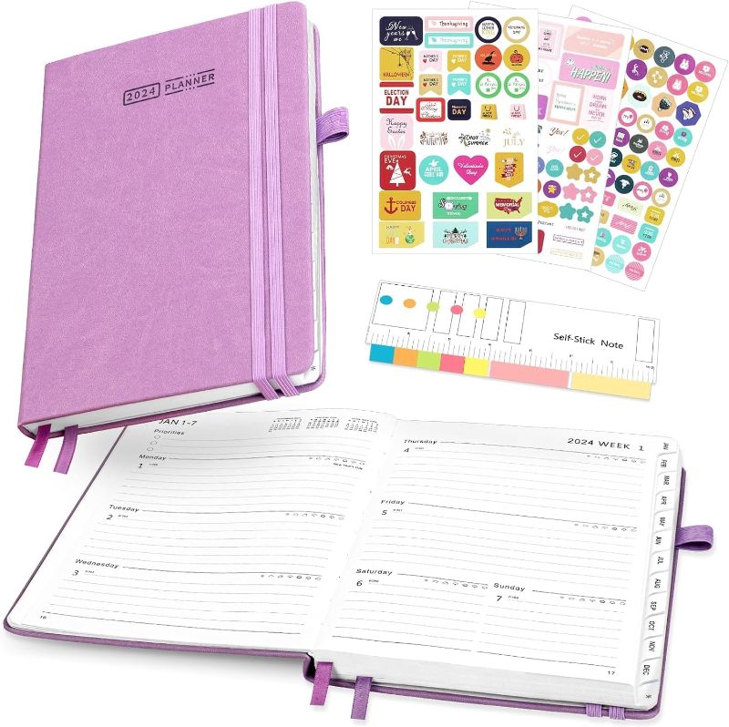 Photo 1 of Ospelelf Planner 2024, 2024 Calendar 12 Monthly Planner and Weekly Planner 6" x 8.5", Interior Pocket, Bookmark Cord, Elastic Closure and Pen Loop Series, Faux Purple Leather
