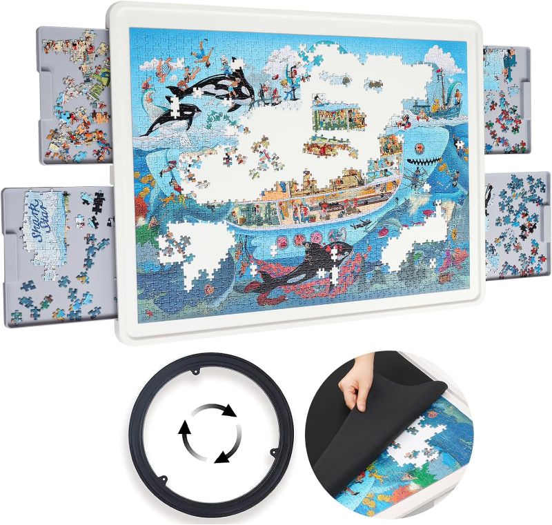 Photo 1 of **DAMAGED SEE NOTES**
1500 Pieces Rotating Plastic Puzzle Board with Drawers and Cover, 35"x27"
