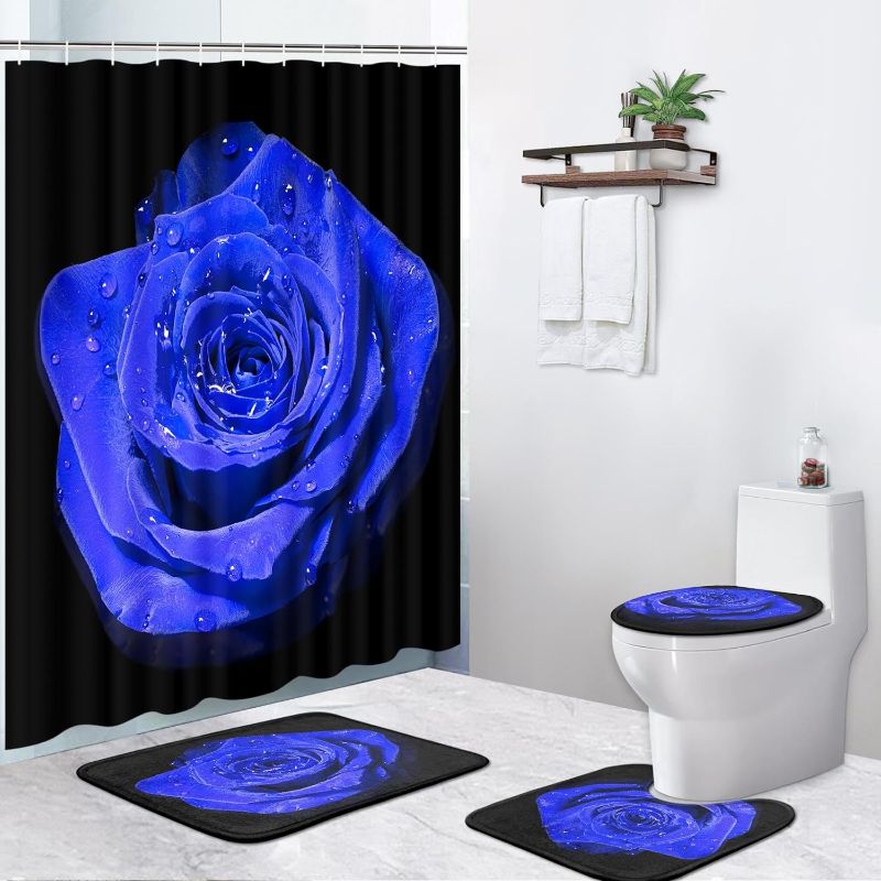 Photo 1 of Pamnest 4 Pcs Shower Curtain Sets, Blue Rose Flower Black Waterproof Bathroom Sets with Non-Slip Rugs, Toilet Lid Cover and Bath Mat, 12 Hooks, Accessories Modern Home Bathroom Decor 72" X 72"