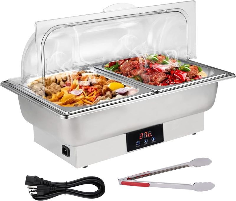 Photo 1 of **READ NOTES**Roll Top Chef Chafing Dish Buffet Set 2 Pan Food Warmer Buffet Servers and Warmers Digital Display Temperature Warming Tray Bain Marie Food Warmer for Parties Commercial Food Steam Table