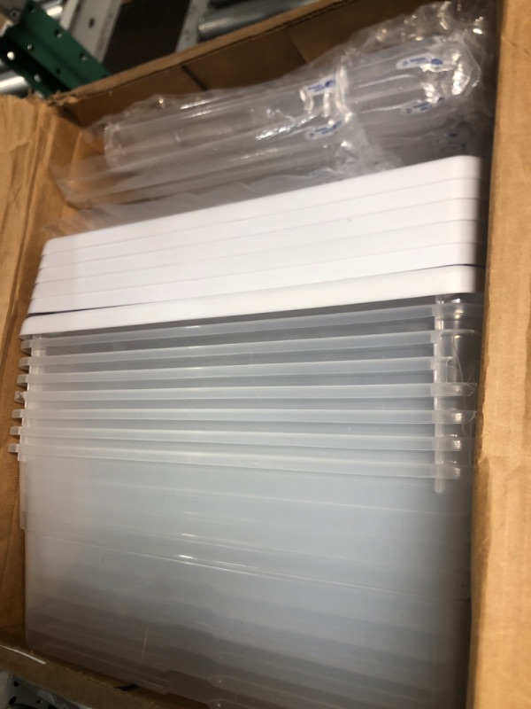 Photo 1 of **MAJOR DAMAGE BINS WITH CRACKING IN CORNERS STILL FUNCTIONAL-MISSING BINS**
Sterilite 16448012 16 Quart/15 Liter Storage Box, White Lid with Clear Base, 12-Pack 16 qt 