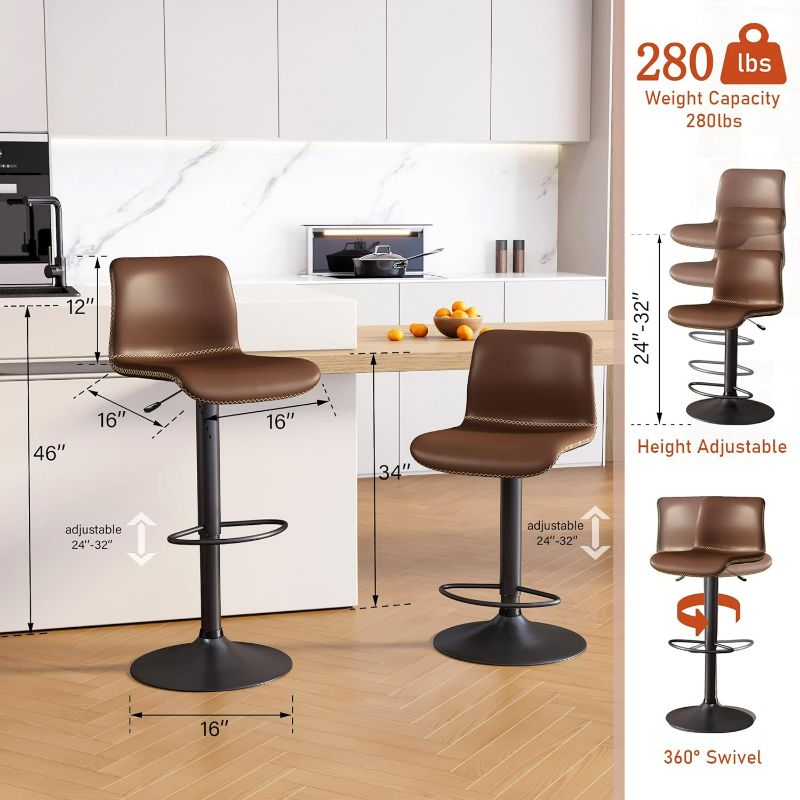Photo 4 of (READ FULL POST) HeuGah Swivel Bar Stools Set of 2, Counter Height Bar Stools with Back, Adjustable Bar Stools 24" to 32", Brown Faux Leather Bar Stools for Kitchen Island (Brown, Set of 2 (24'' to 32''))

