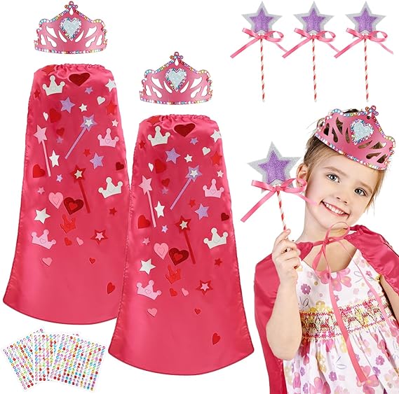 Photo 1 of 3 Sets Princess Themed Arts and Crafts Costume Include Princess Cape, Crowns for Kids, Princess Wands, Stickers and Rhinestones for Girls Princess Festival Easter Christmas Party Dress up Gift