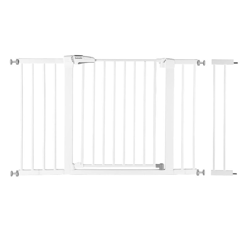 Photo 1 of BABELIO 26-43 Inch Extra Wide Baby Gate Dog Gate, Metal Pet Gate for Stairs & Doorways, Pressure Mounted Walk Thru Child Gate with Door, NO Need Tools NO Drilling, with Wall Cups, White