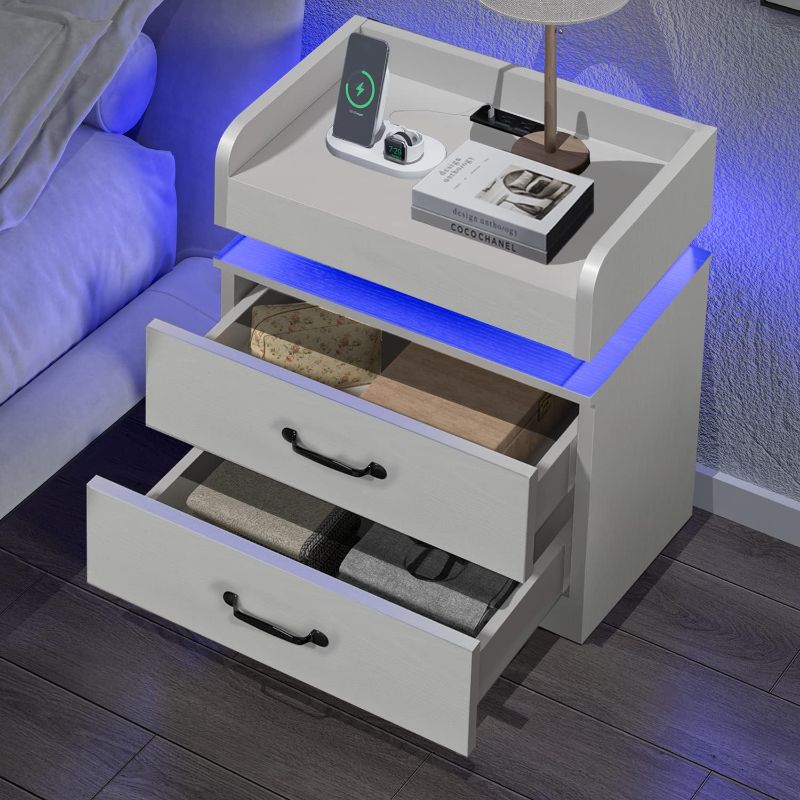 Photo 1 of 4ever2buy Night Stand Charging Station, Night Stand with LED Light, Nightstand with Drawers, White Bedroom Night Stand, Bed Side Table for Bedroom
