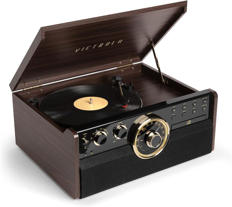 Photo 1 of Victrola Empire Mid-Century 6-in-1 Turntable with 3 Speed Record Player, Bluetooth Connectivity, Radio, Cassette and CD Player (Espresso) https://a.co/d/fbDmAE9