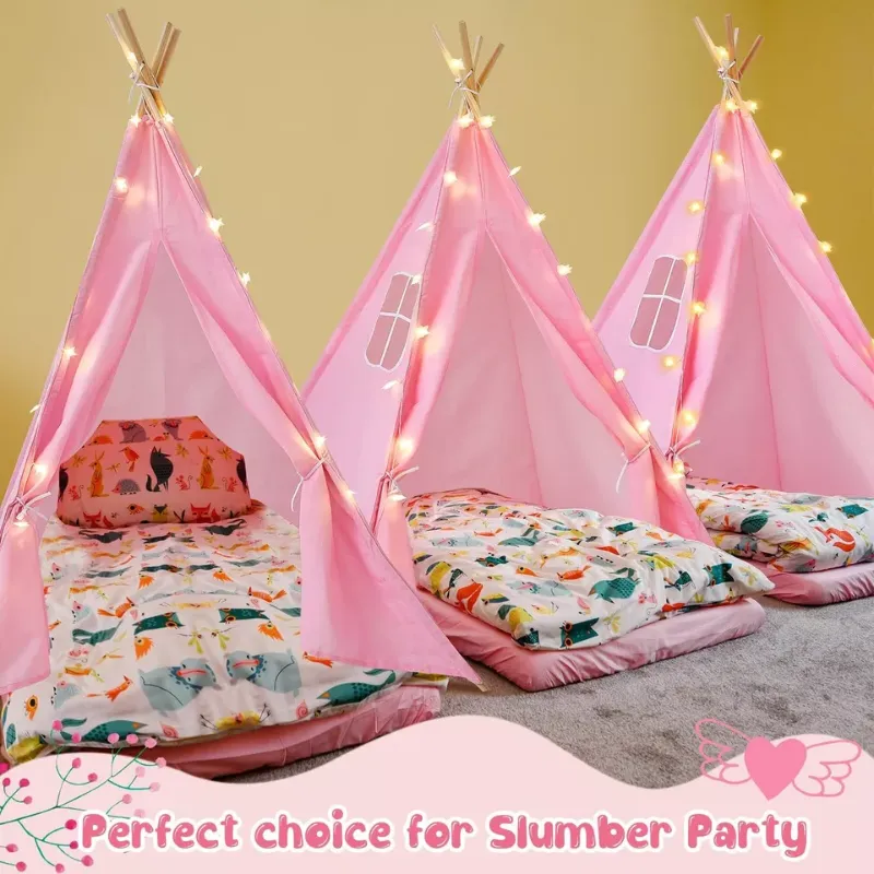 Photo 1 of Berlune 3 Set Teepee Tents for Kids Cotton Canvas Play Tents with 10ft LED String Lights Indoor Outdoor Teepee Play Tents Foldable Kids Tipi Tents for Girls Boys (Pink,Ridge)