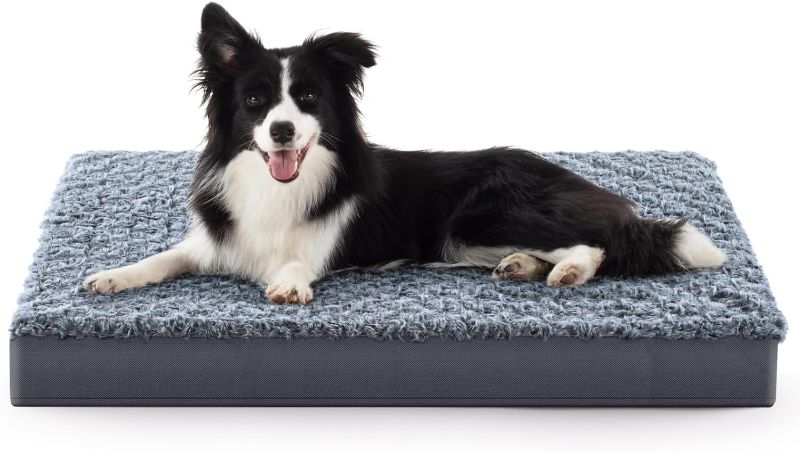 Photo 1 of  Orthopedic Dog Beds for Large Dogs - Egg Crate Foam Pet Bed Mat with Ultra Soft Sherpa Surface&Removable Cover, Machine Washable Waterproof Dog Mattress with Non-Slip Bottom(Navy,36x27x3inch)