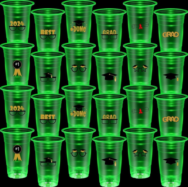 Photo 1 of 24 Pcs Glow Graduation Party Cups 16 oz Graduation Party Supplies Cups Class of 2024 Plastic Cups Disposable Light up Cups for Night Events Grad Black Theme Decoration(Green)