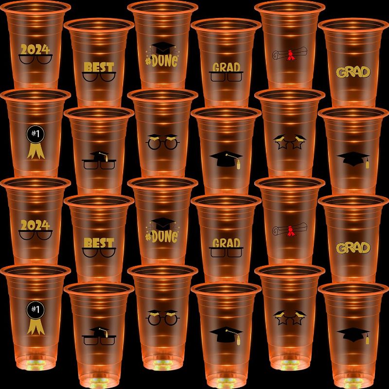 Photo 1 of *STOCK PHOTO FOR REFERENCE* 24 Pcs Glow Graduation Party Cups 16 oz Graduation Party Supplies Cups Class of 2024 Plastic Cups Disposable Light up Cups for Night Events Grad Black Theme Decoration(YELLOW)