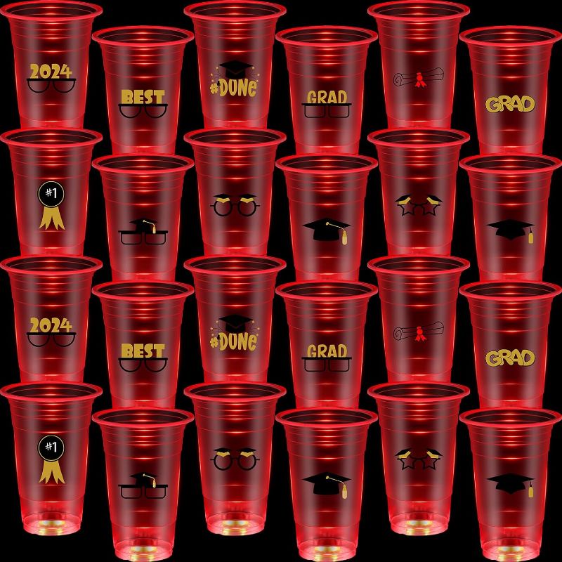 Photo 1 of 24 Pcs Glow Graduation Party Cups 16 oz Graduation Party Supplies Cups Class of 2024 Plastic Cups Disposable Light up Cups for Night Events Grad Black Theme Decoration(RED)