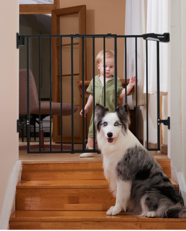 Photo 1 of Babelio 26-43" No Bottom Bar Baby Gate for Babies, Elders and Pets, 2-in-1 Hardware Mount Dog Gate for The House, Stairs and Doorways, Safety Pet Gates with Large Walk Thru Door, Iron Black