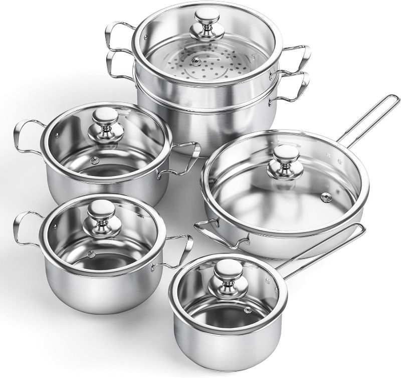 Photo 1 of Meythway Pots and Pans Set Non Toxic, 11-Piece Stainless Steel Cookware Set with Steamer & Visual Lid, Kitchen Induction Cookware with Frying Pans, Saucepan and Stockpots For Oven & Dishwasher Safe