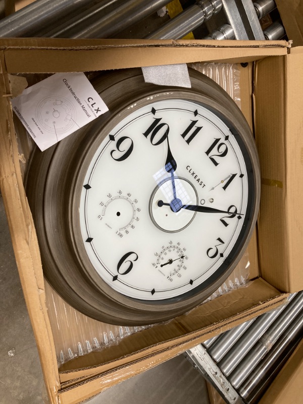 Photo 1 of 24 Inch LED Illuminated Outdoor Clocks Waterproof with Thermometer & Hygrometer, Large Lighted Metal Wall Clock with Smart light Sensor,Grey Oak Finish Dark Grey Oak & Arabic Numeral